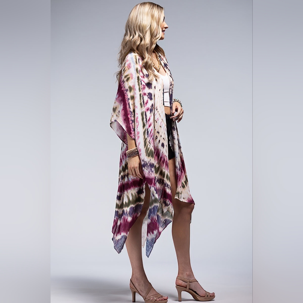 Tie-dye Kimono Maroon Multi Color Kimono / Swimsuit Coverup - Lightweight Silky - Picture 4 of 5